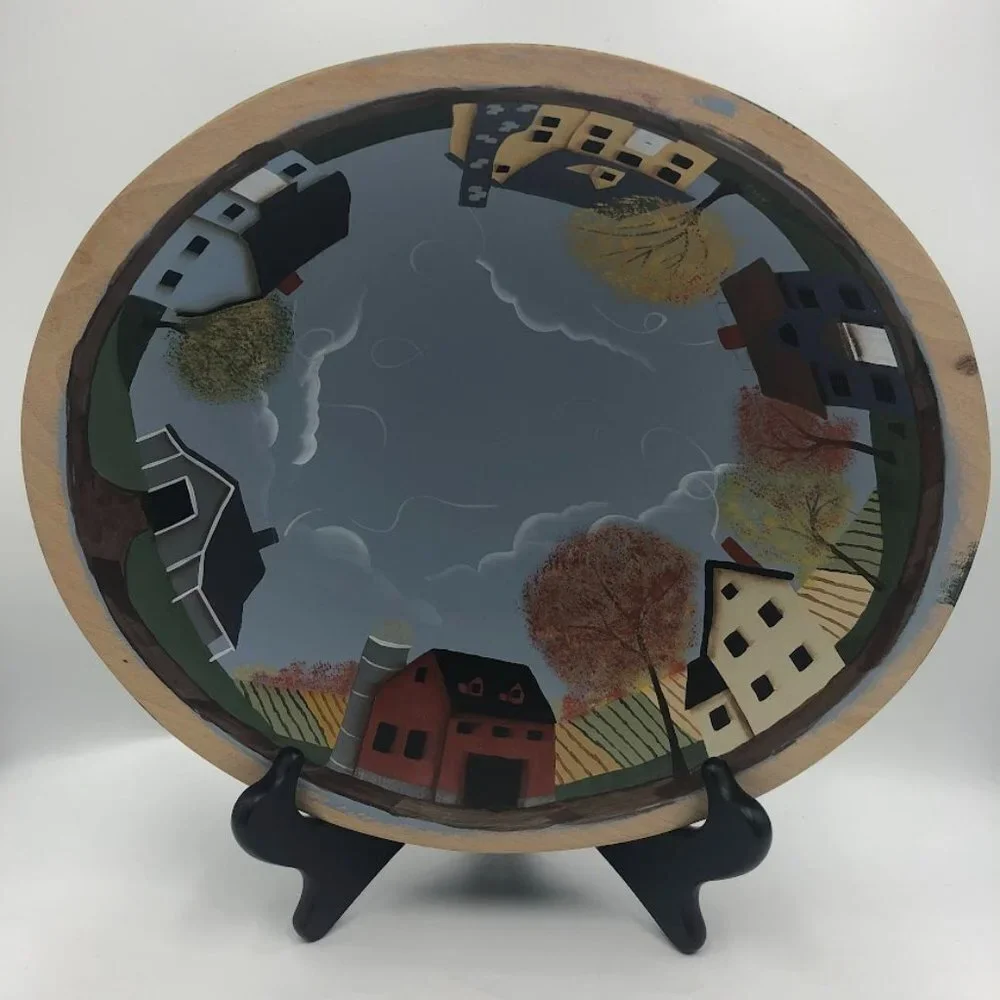 Vintage Hand Painted Wood Decorative Bowl Landscape Scenery Centerpiece